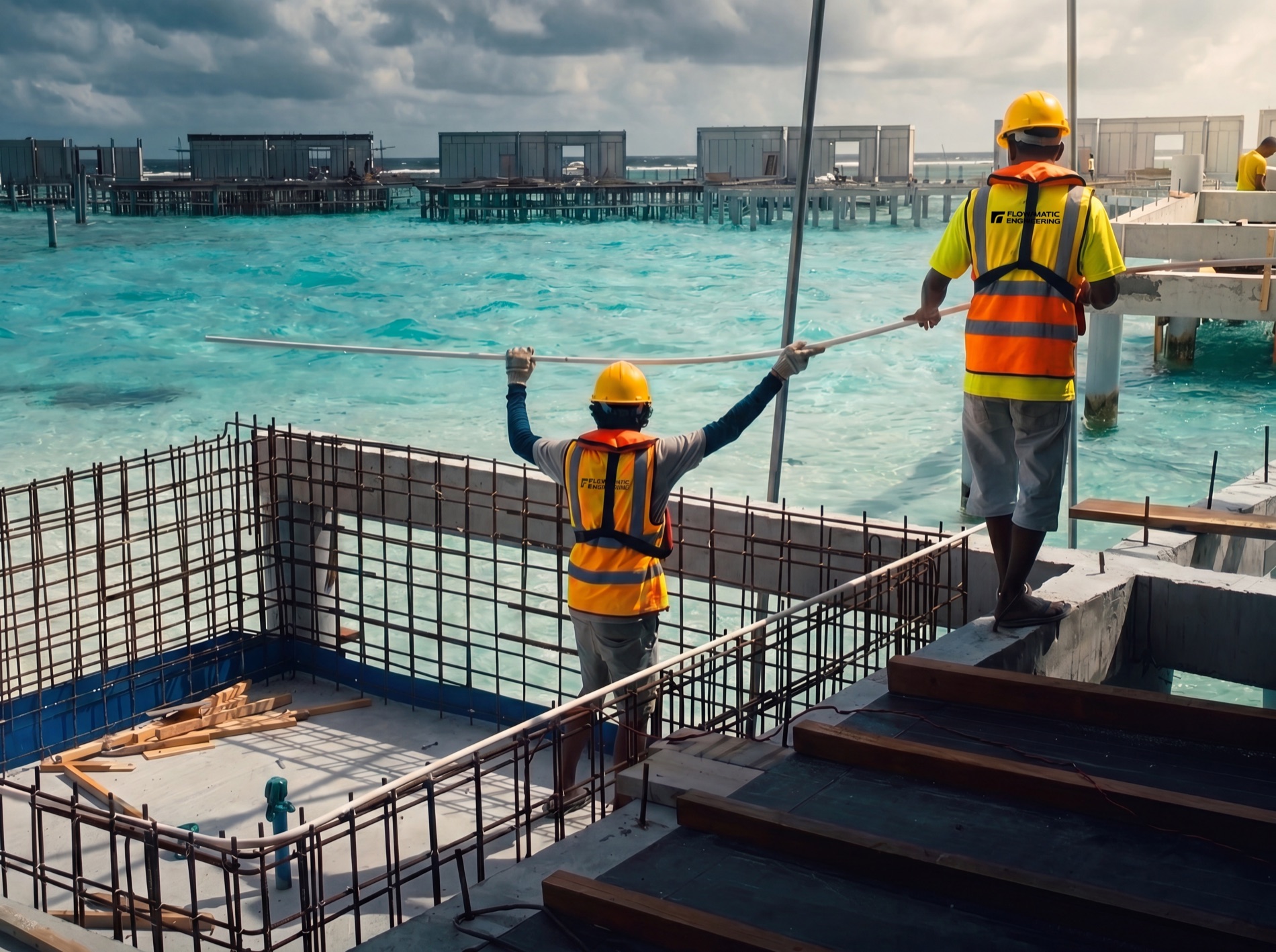 Flowmatic workers installing MEP over a turquoise lagoon