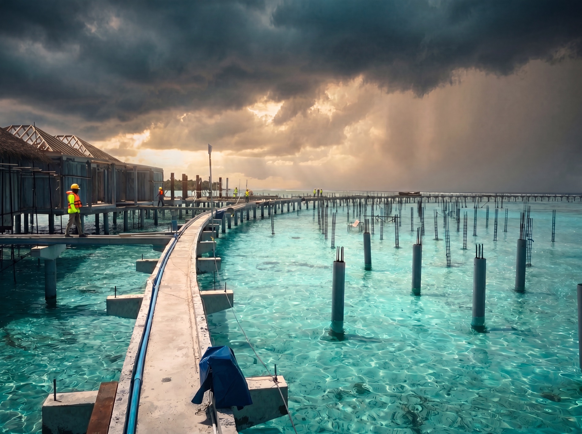 Overwater villa platforms and walkway under construction over a Maldivian lagoon