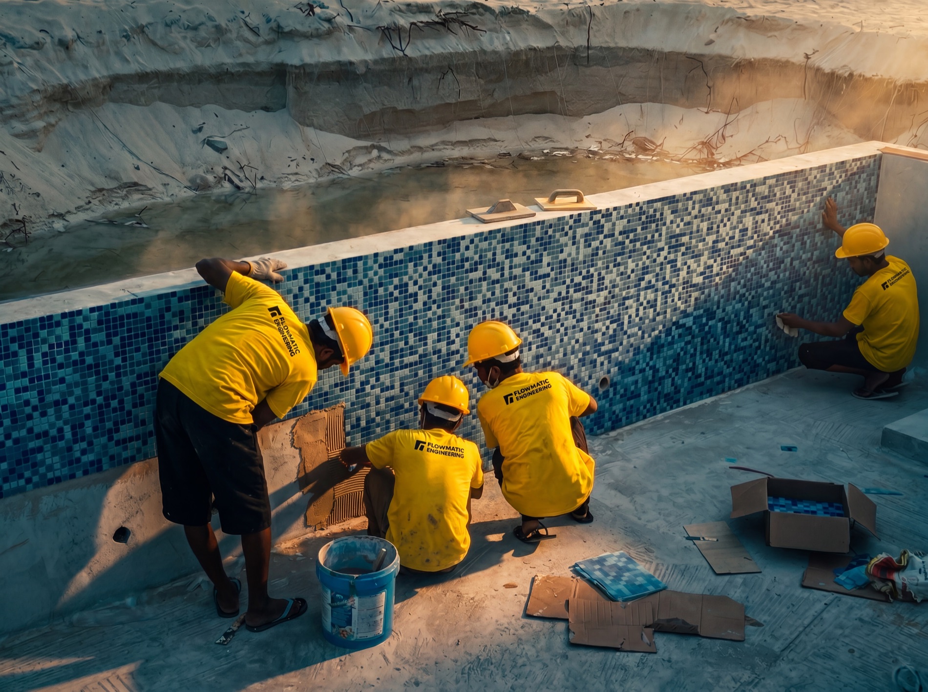 Flowmatic crew tiling a swimming pool