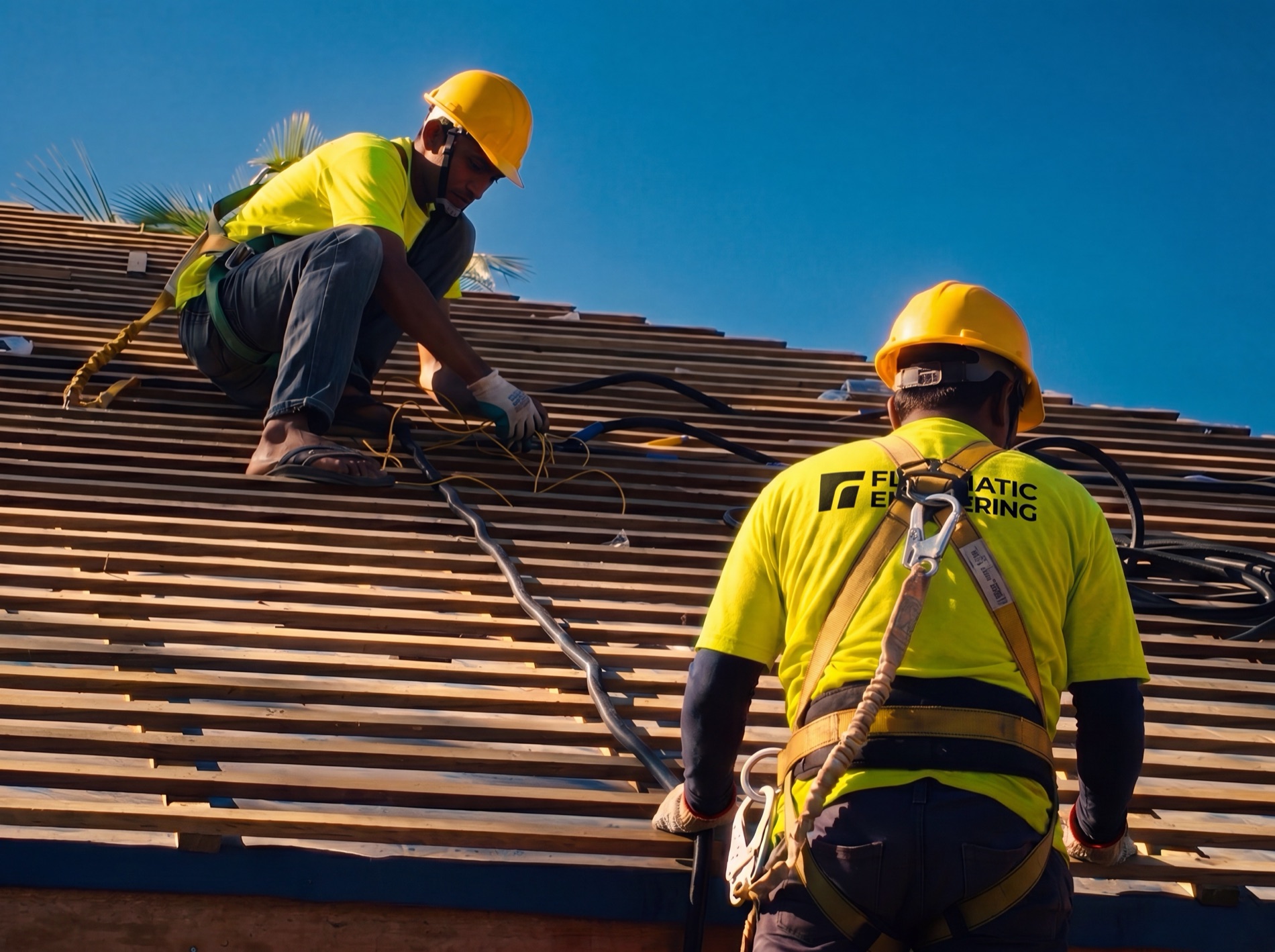 Flowmatic workers in safety harnesses running cable across timber roof battens