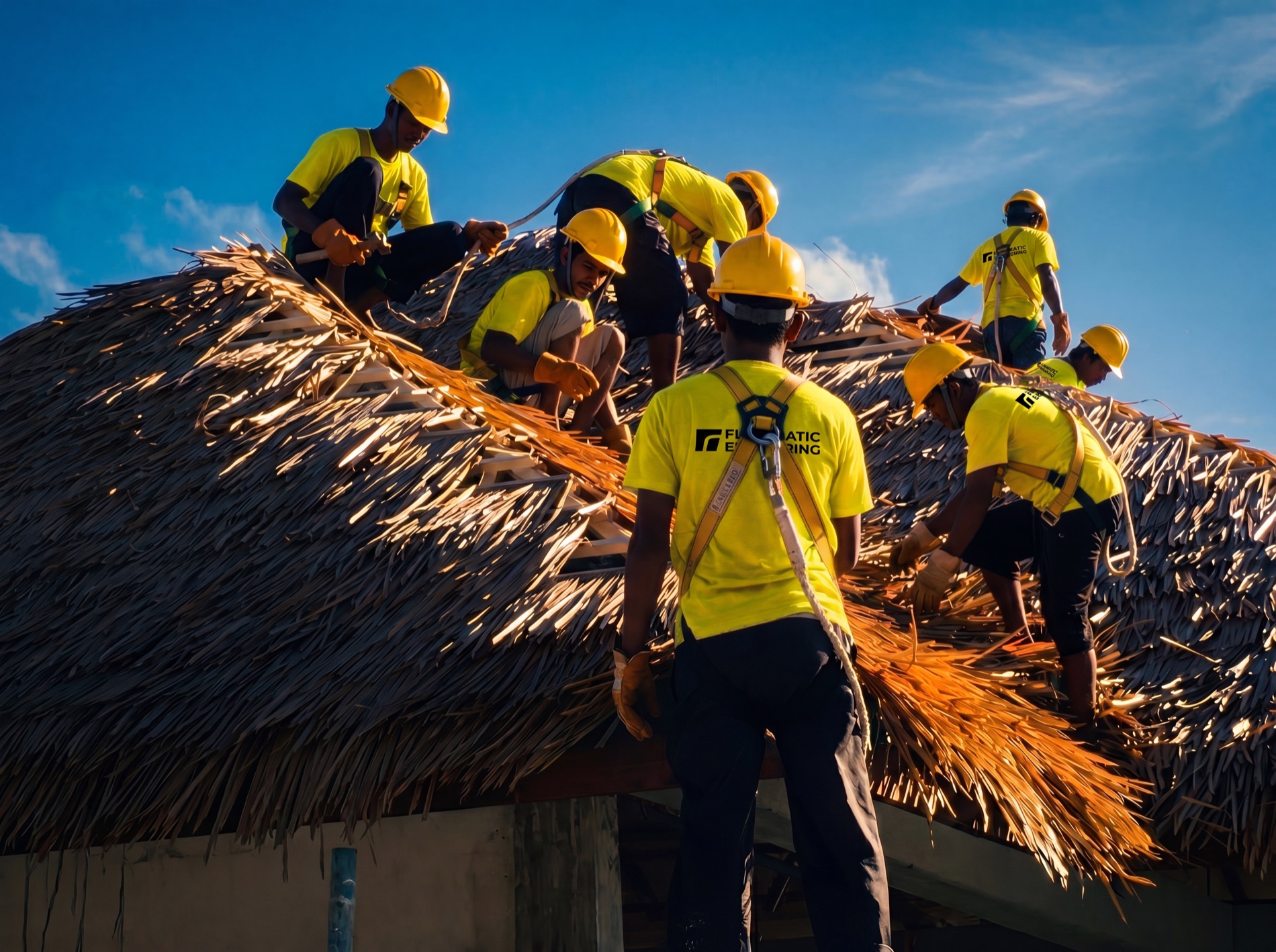 Flowmatic crew thatching a palm roof at height